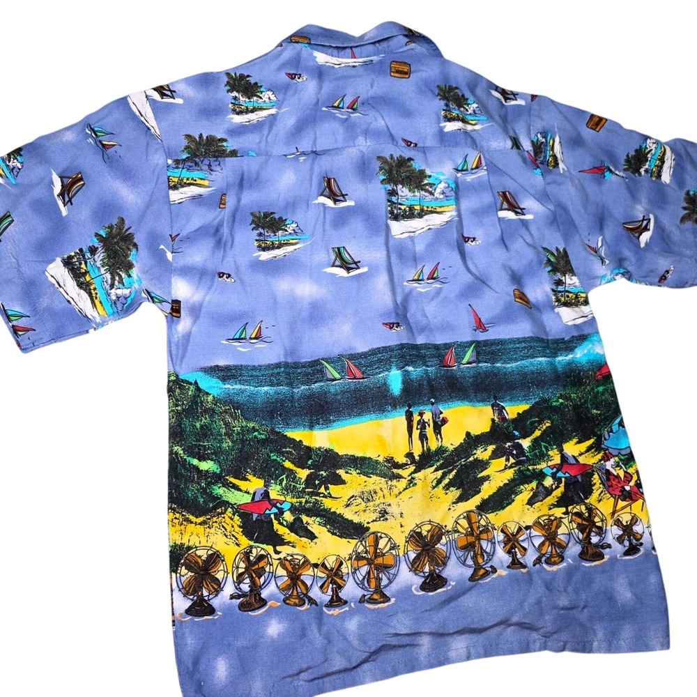 Pineapple Connection Hawaiian Shirt Mens Small Blue Rayon Beach Scene Vintage - Picture 7 of 7